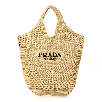 Prada Yarn Raffia Effect Crochet Logo Embroidered Shopping Tote Bag Naturale 1 of 8