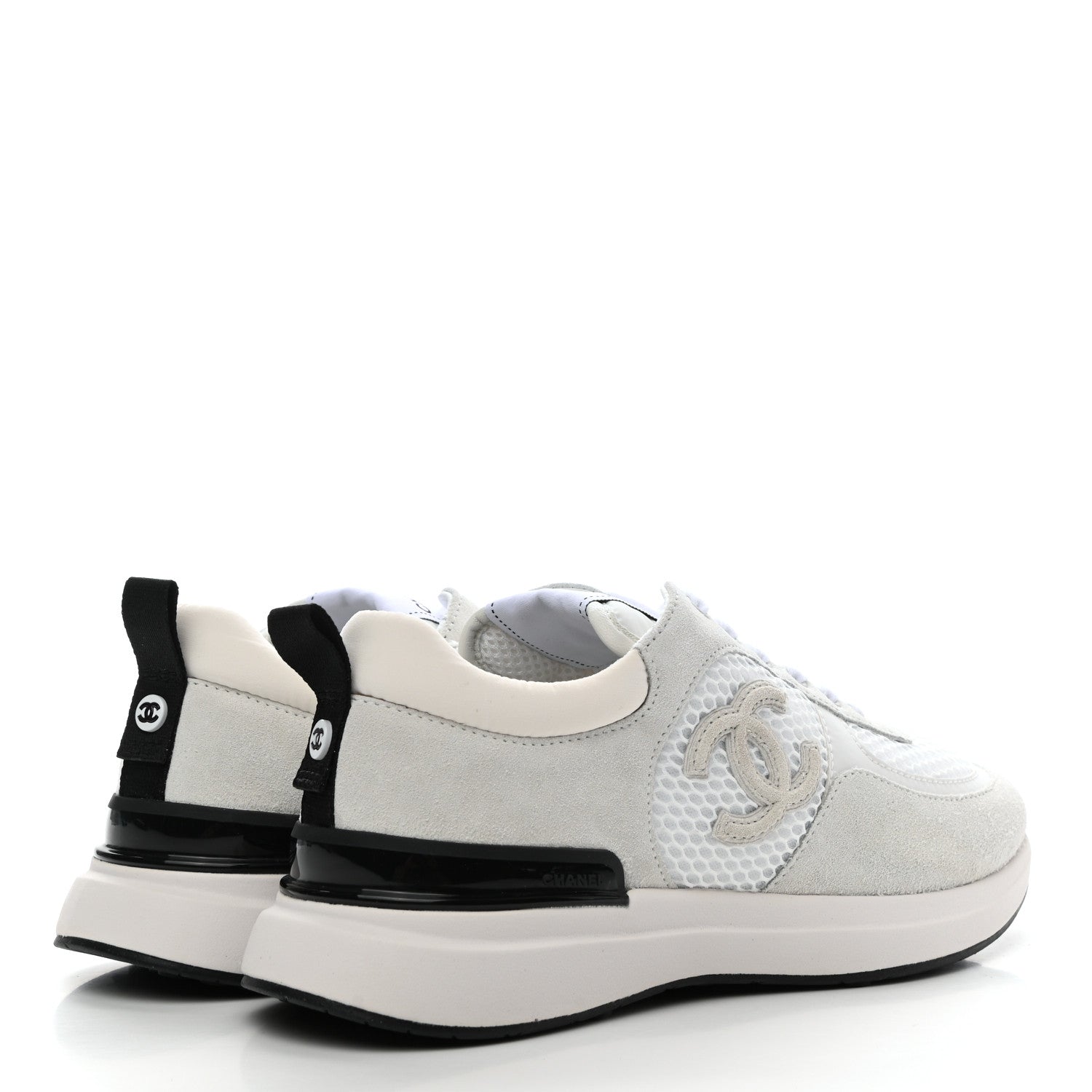 Chanel Calfskin Mesh Lycra Suede Womens Logo Sneakers 38 White Ivory Black 4 of 7