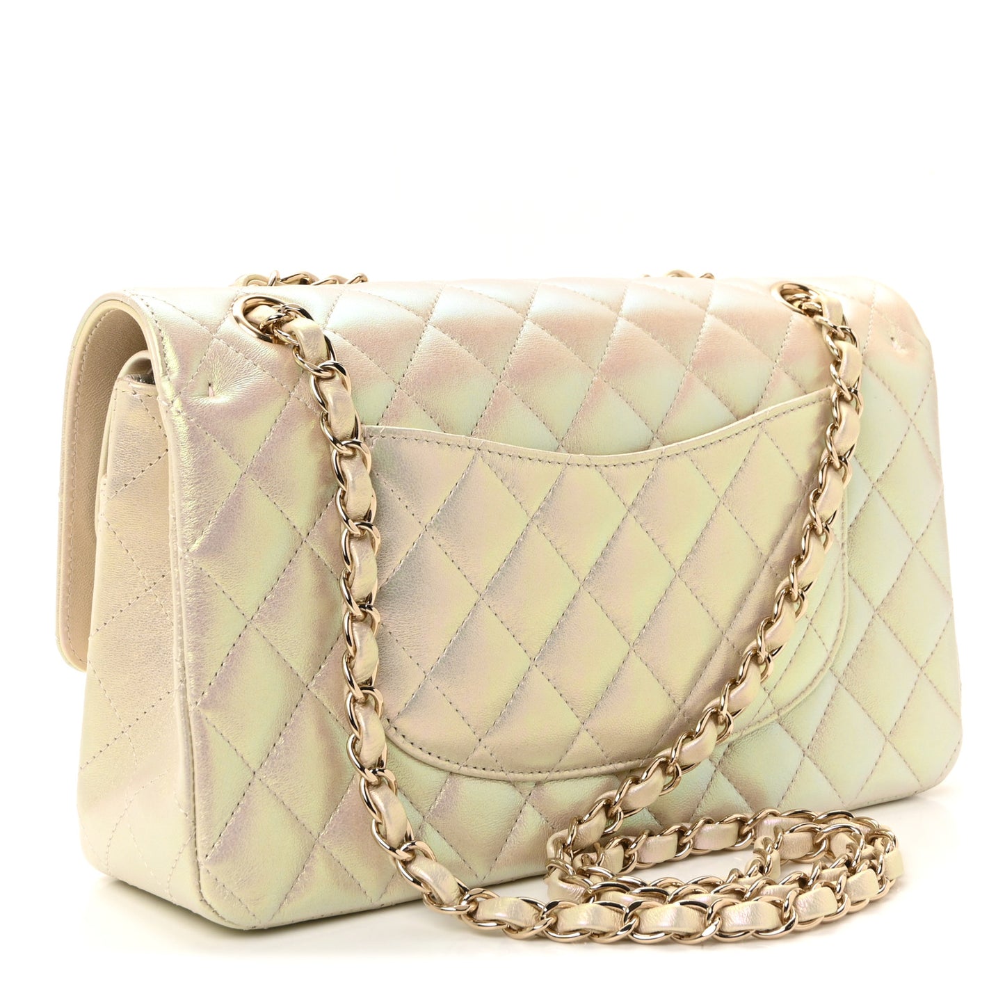 Iridescent Lambskin Quilted Medium Double Flap Ivory