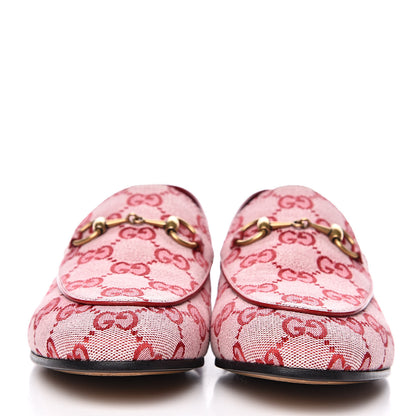 Gucci Canvas GG Monogram Horsebit Womens Jordaan Loafers 37.5 Gardenia Hibiscus Red 2 of 9