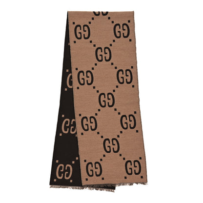 Gucci Wool Silk Monogram Jumbo GG Freedom Scarf Dark Brown Beige 2 of 3