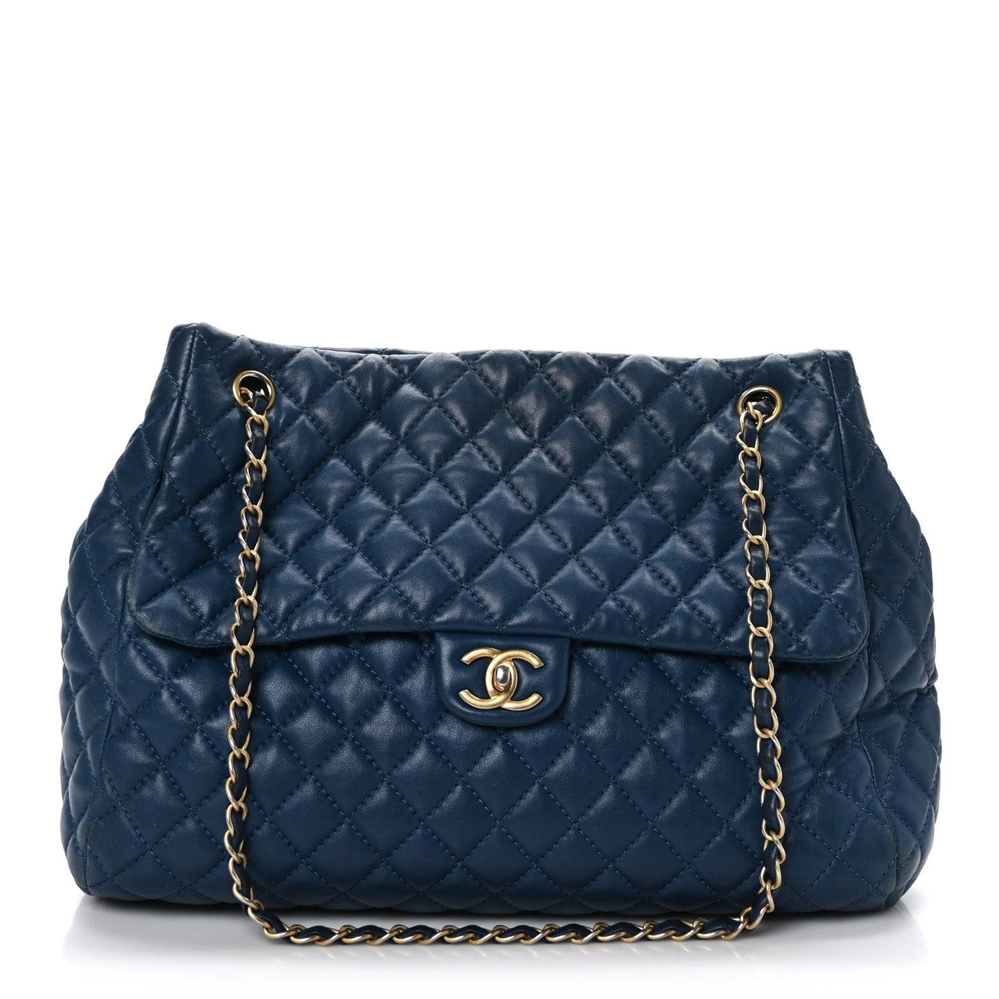 Lambskin Quilted Large Fluffy CC Shopping Tote Blue