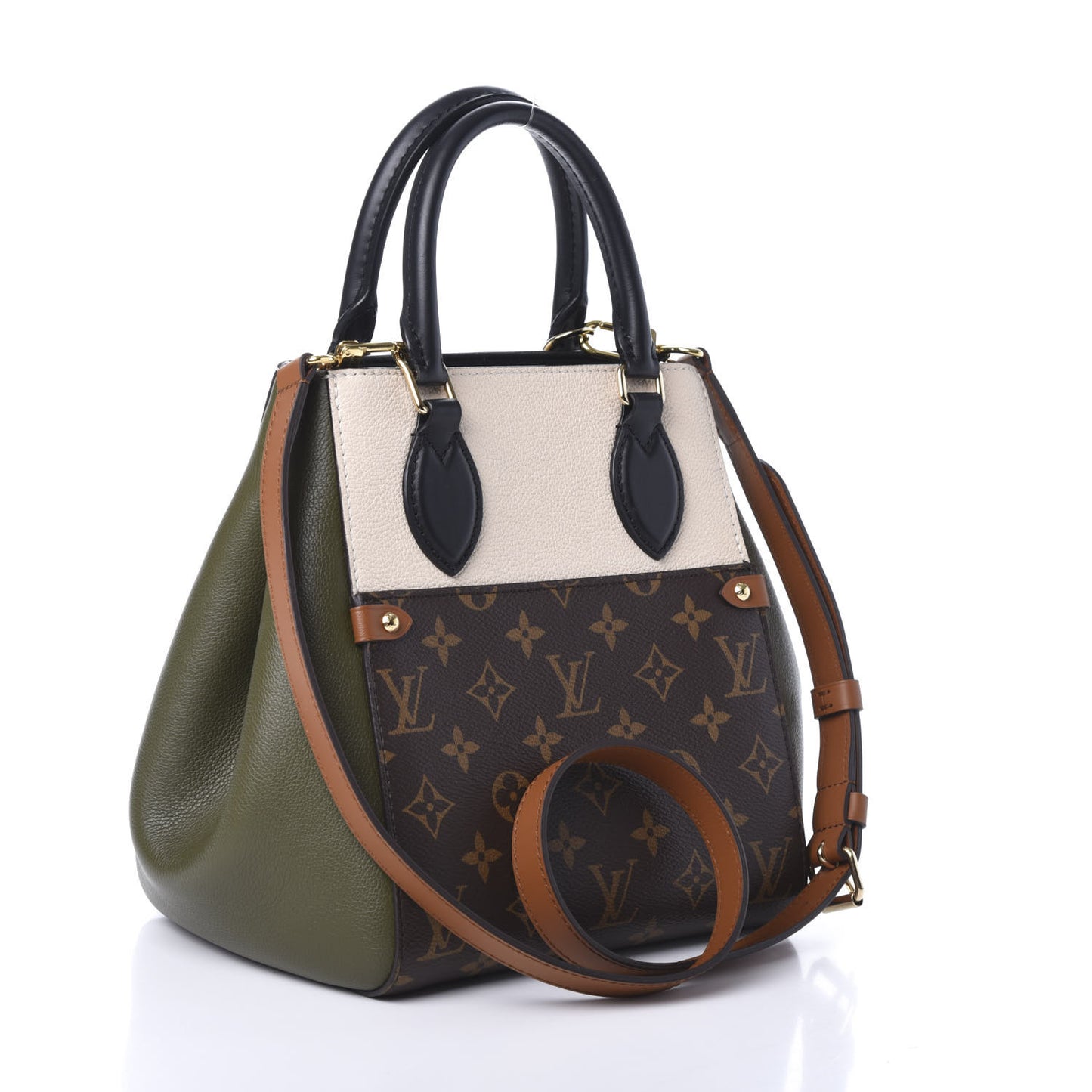 Calfskin Monogram Fold Tote MM Black Khaki Cream