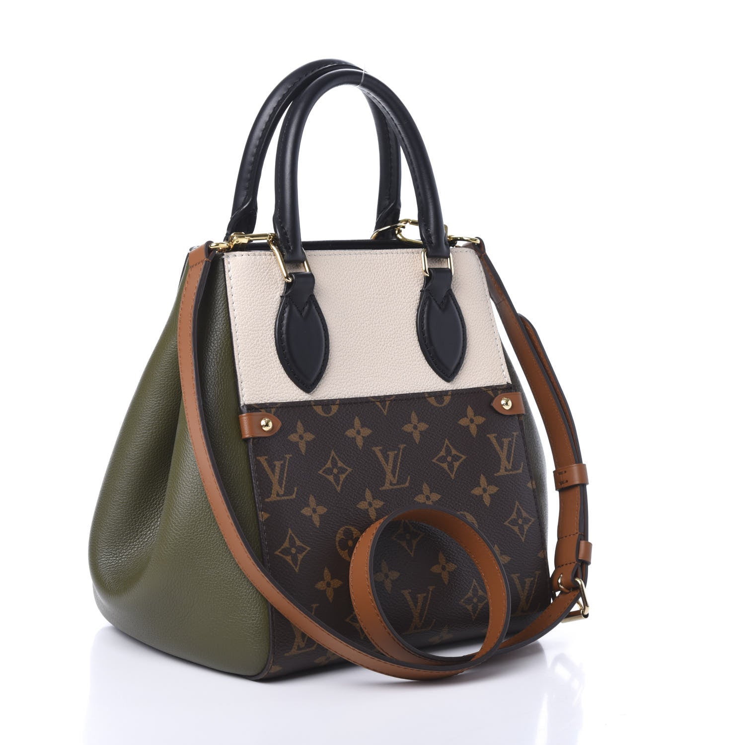 Louis Vuitton Calfskin Monogram Fold Tote MM Black Khaki Cream 5 of 17