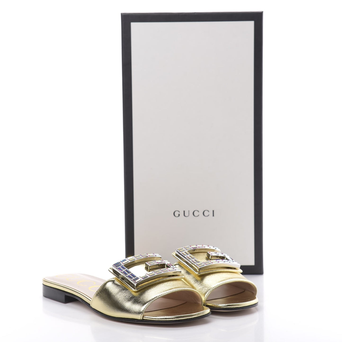 Metallic Nappa Crystal Square G Madelyn Slide Sandals 36 Gold