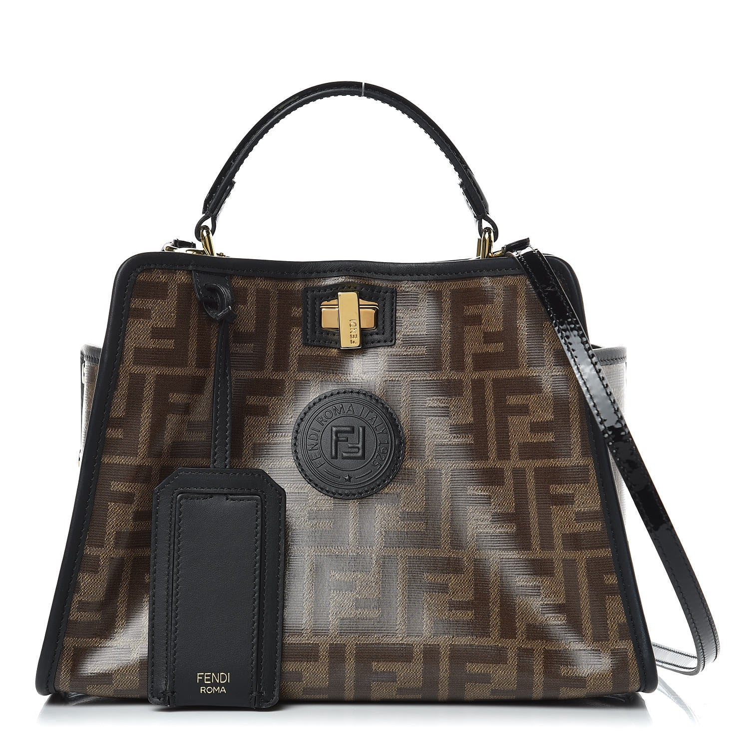 Fendi Patent Glazed Fabric Vitello Century FF 1974 Stamp Patch Mini Peekaboo Iconic Satchel with FF Defender Cover Black Mogano Panna 1 of 9