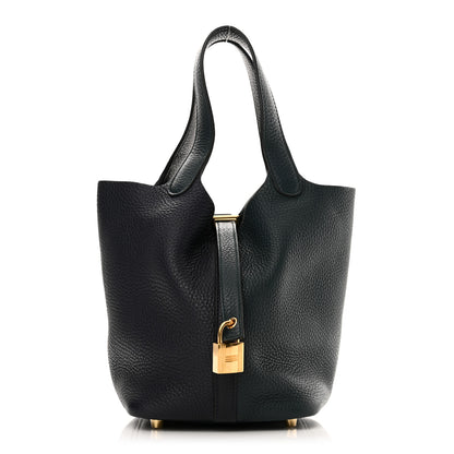 Hermes Taurillon Clemence Casaque Picotin Lock 18 PM Bleu Nuit Vert Bosphore 1 of 10
