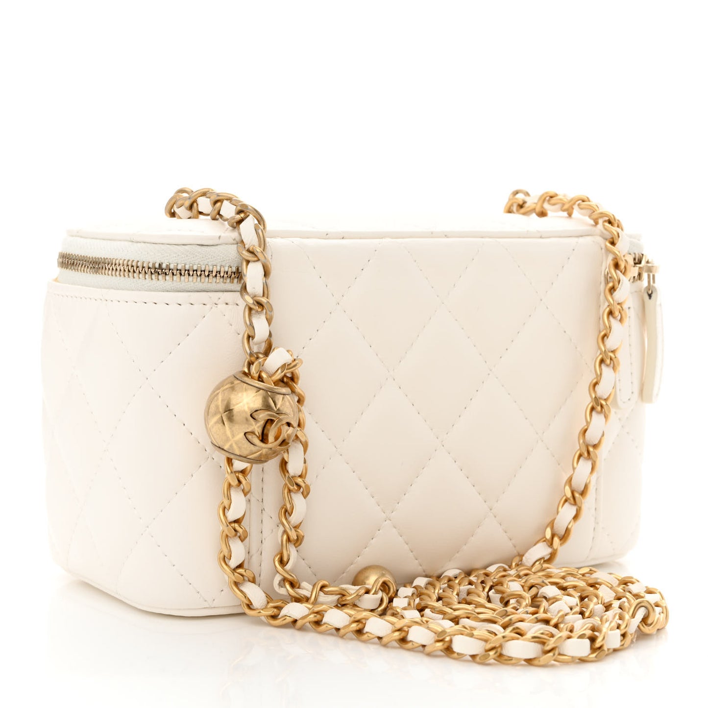 Lambskin Quilted Pearl Crush Small Vanity Case With Chain White