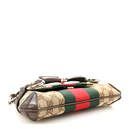 Gucci Monogram Textured Dollar Calfskin Heavy Grosgrain Web Small Maxi Horsebit Chain Shoulder Bag Beige Ebony New Acero 4 of 10