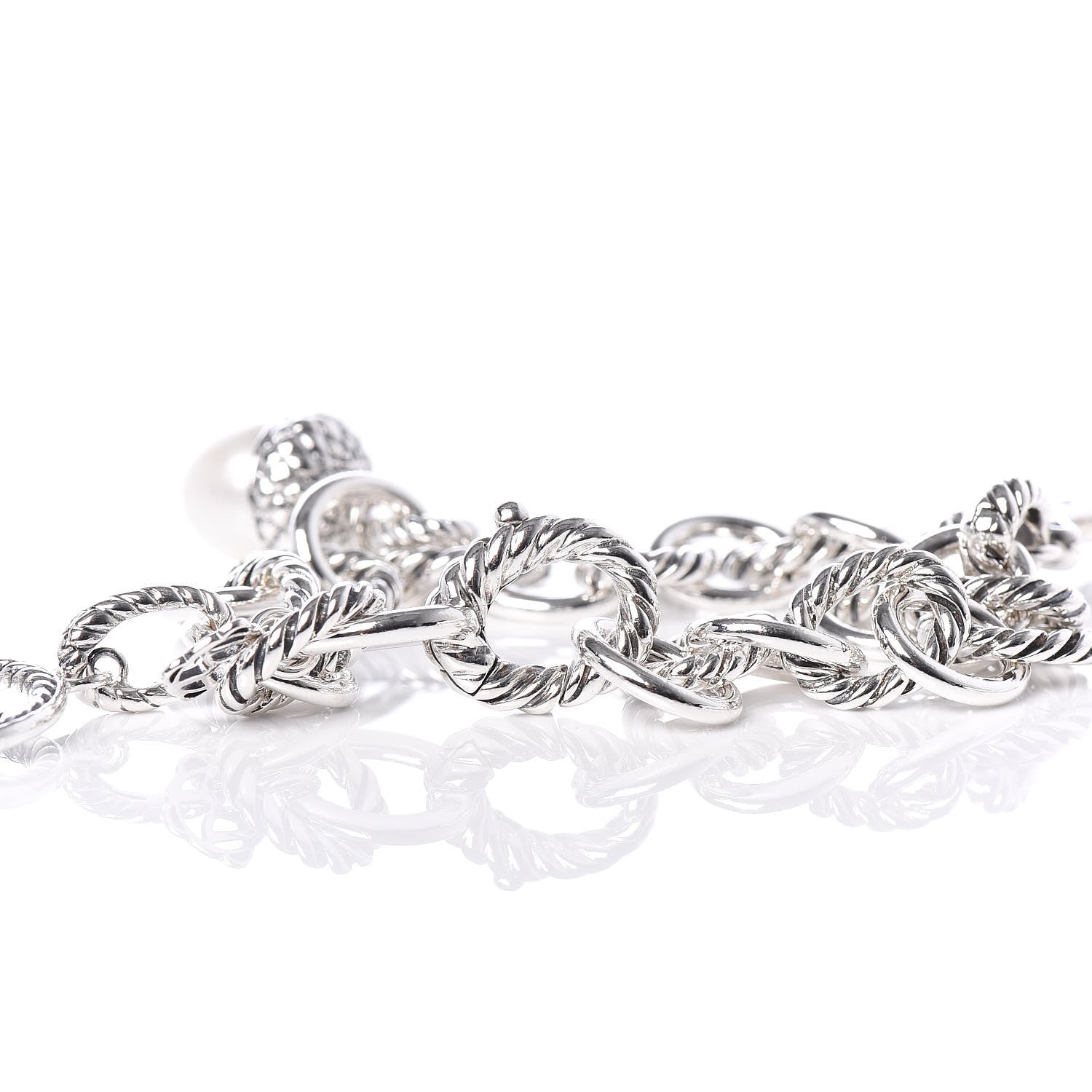 David Yurman Sterling Silver Diamond Freshwater Pearl 9.5mm Oval Link Charm Bracelet 4 of 5