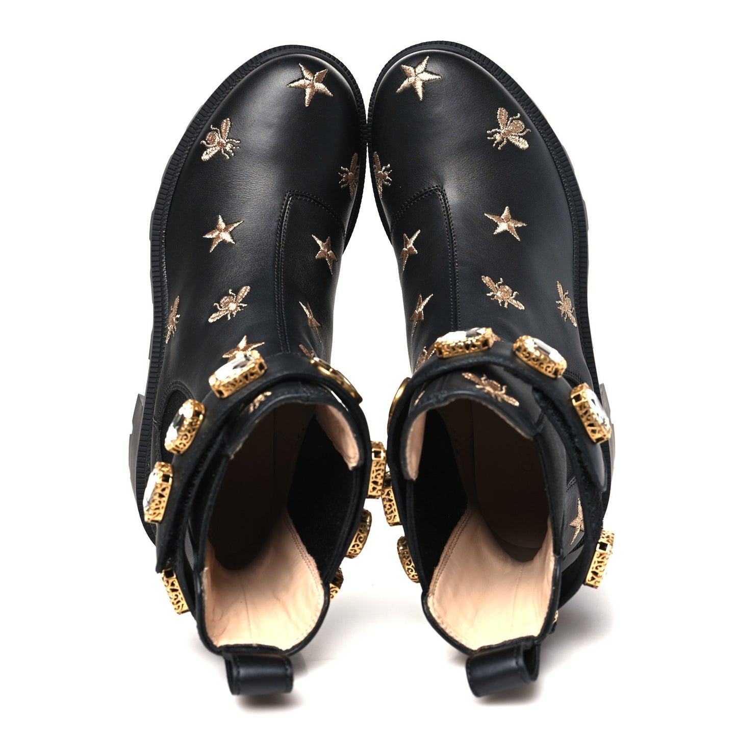 Calfskin Bee Star Embroidered Belt Ankle Boots 36.5 Black