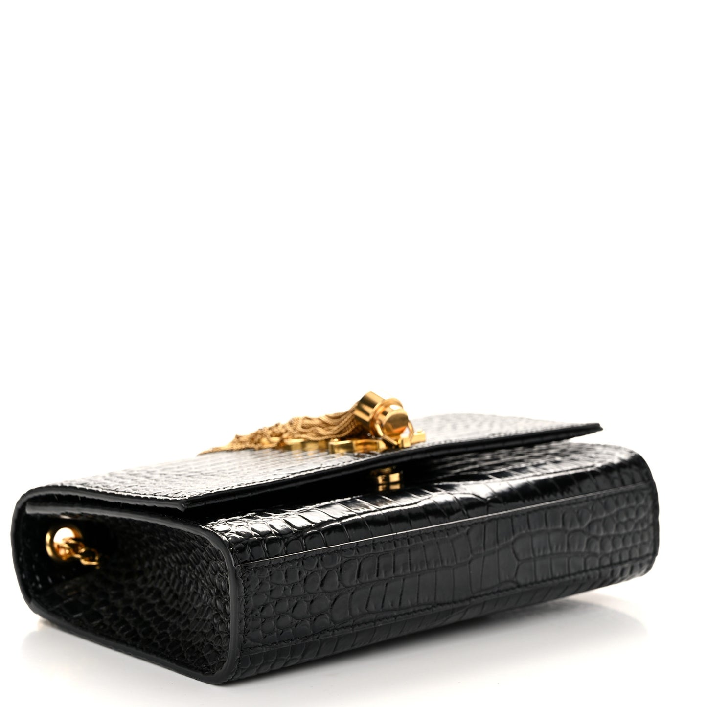 Calfskin Crocodile Embossed Small Classic Monogram Kate Tassel Satchel Black