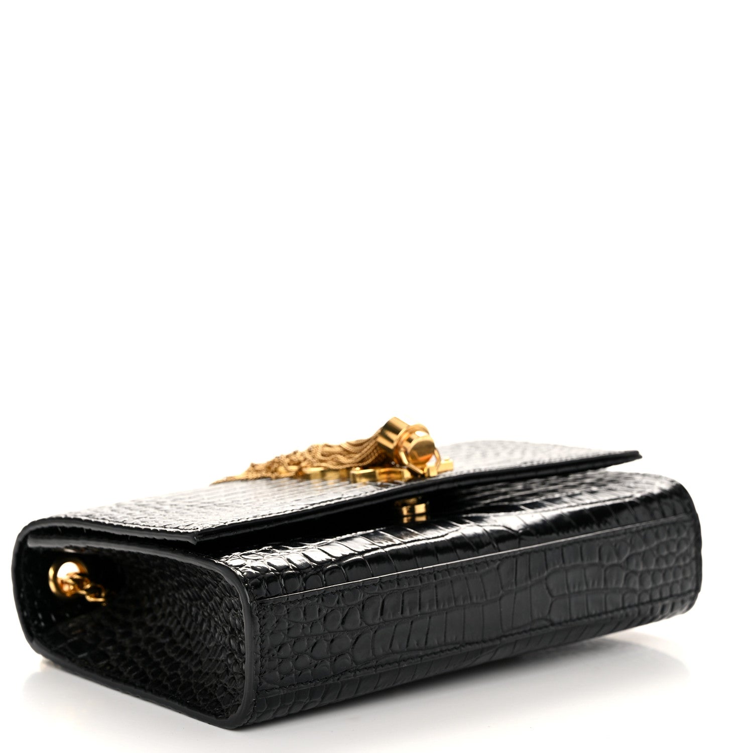 Saint Laurent Calfskin Crocodile Embossed Small Classic Monogram Kate Tassel Satchel Black 4 of 10