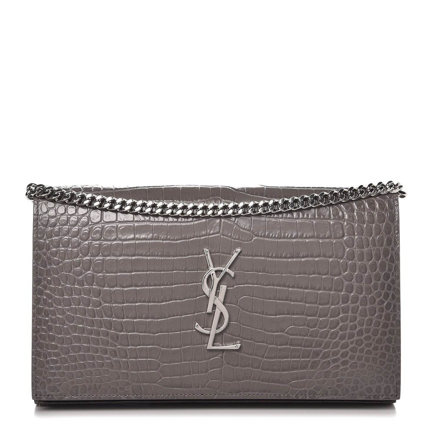Calfskin Crocodile Embossed Monogram Chain Wallet Fog