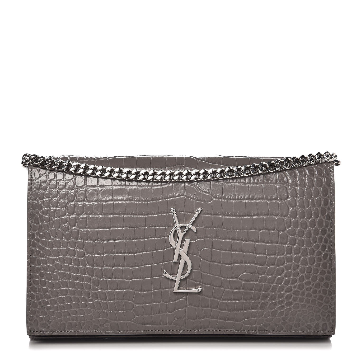 Saint Laurent Calfskin Crocodile Embossed Monogram Chain Wallet Fog 1 of 6