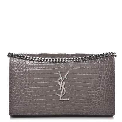 Saint Laurent Calfskin Crocodile Embossed Monogram Chain Wallet Fog 1 of 6