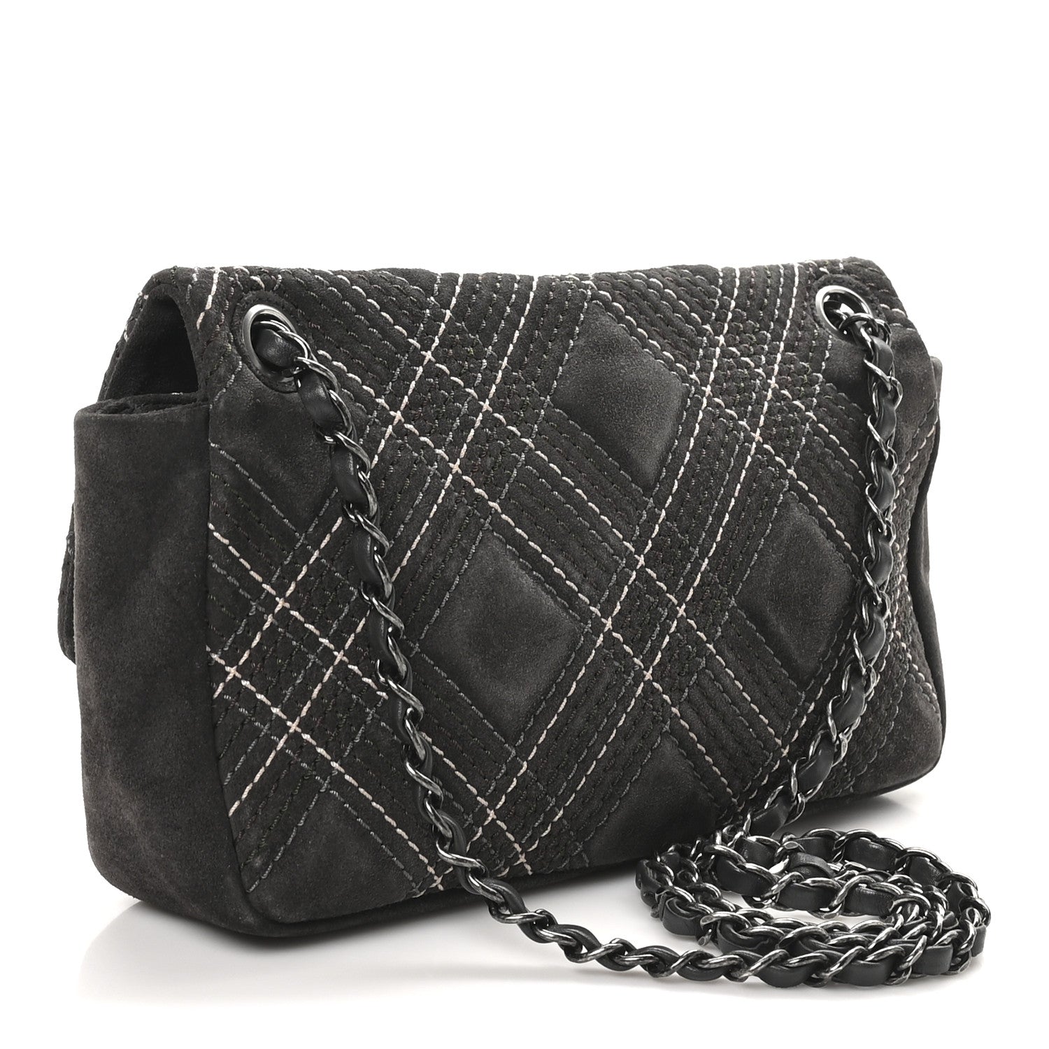 Chanel Suede Stitched Medium Saltire Single Flap Grey 3 of 10