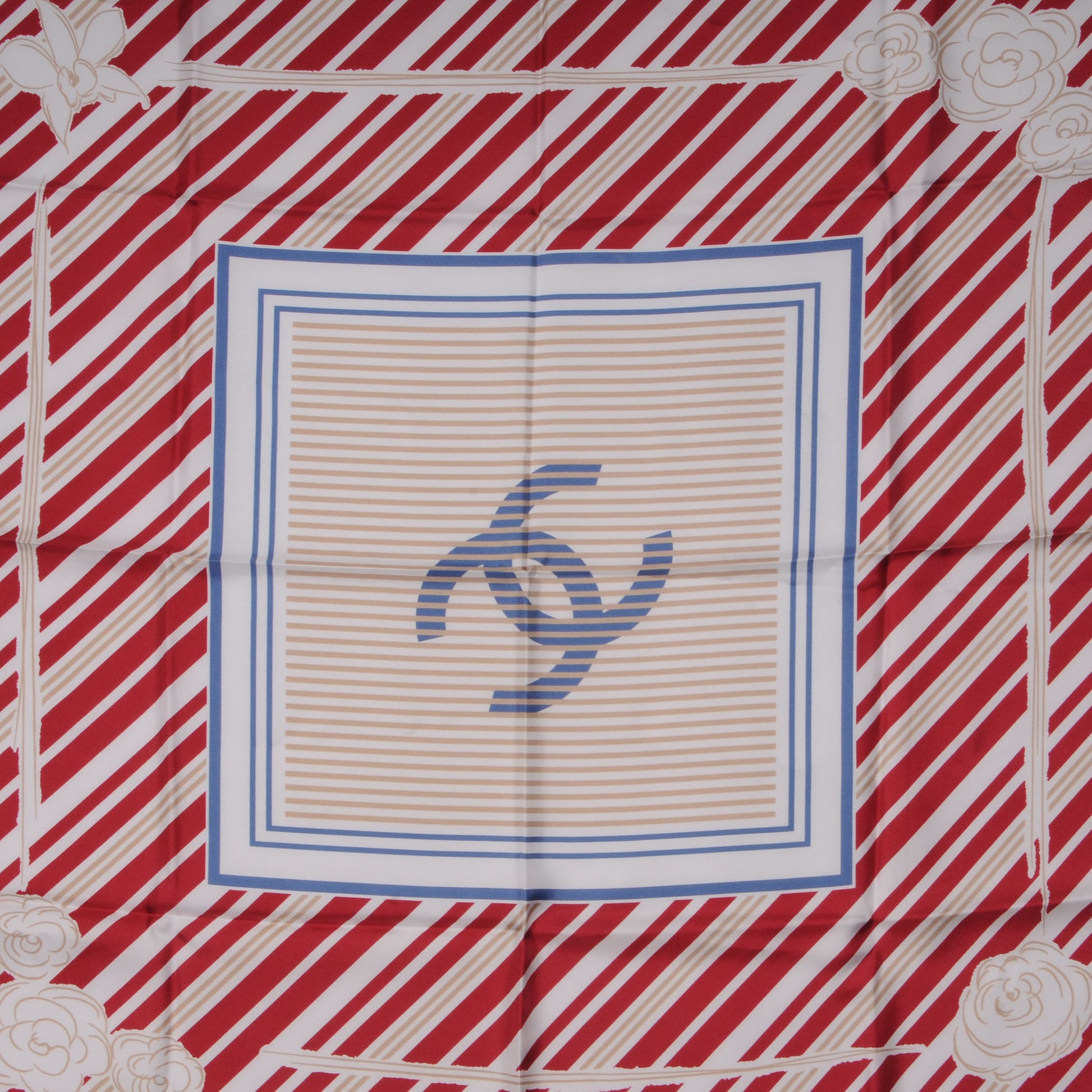 Chanel Silk Camellia Stripe CC Scarf Red 1 of 5