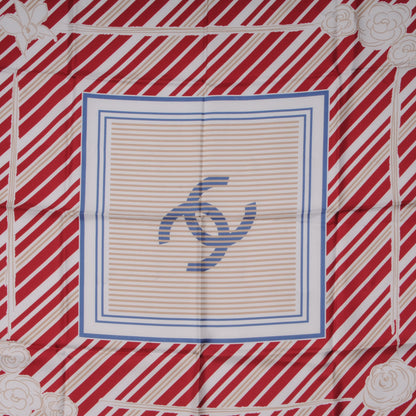Chanel Silk Camellia Stripe CC Scarf Red 1 of 5