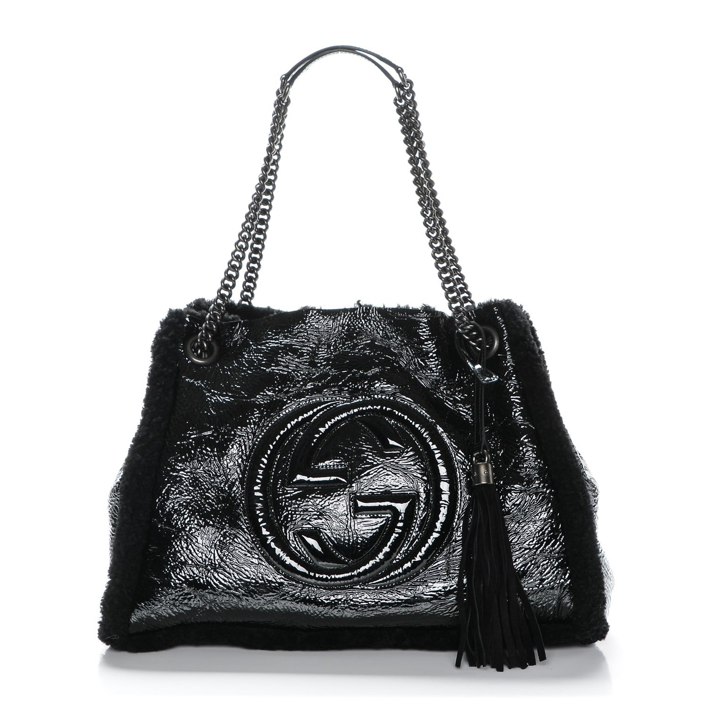 Patent Shearling Medium Soho Chain Shoulder Bag Black