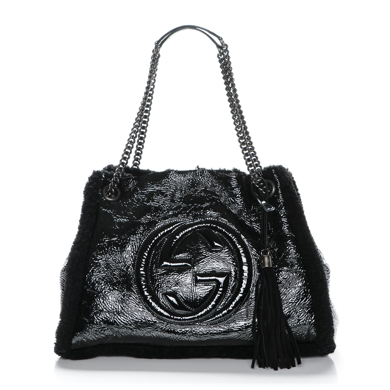 Gucci Patent Shearling Medium Soho Chain Shoulder Bag Black 1 of 15