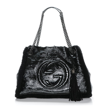 Gucci Patent Shearling Medium Soho Chain Shoulder Bag Black 1 of 15