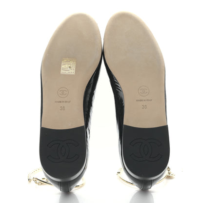 Chanel Lambskin Patent Calfskin Cap Toe Ankle Chain Ballerina Flats 38 Black 5 of 8