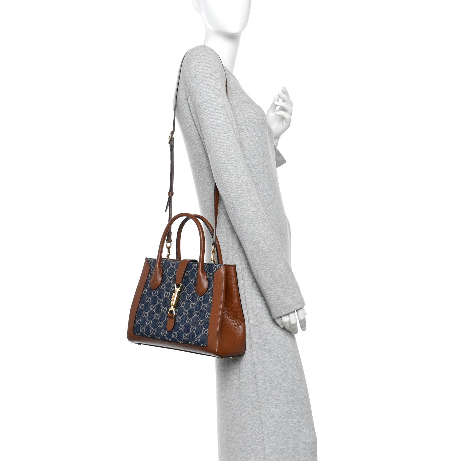 Gucci New Denim GG Monogram Dollar Calfskin Medium Jackie 1961 Tote Blue Tea Cuir Epilog 2 of 11