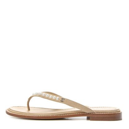 Chanel Suede Pearl Thong Sandals 39 Beige 1 of 11