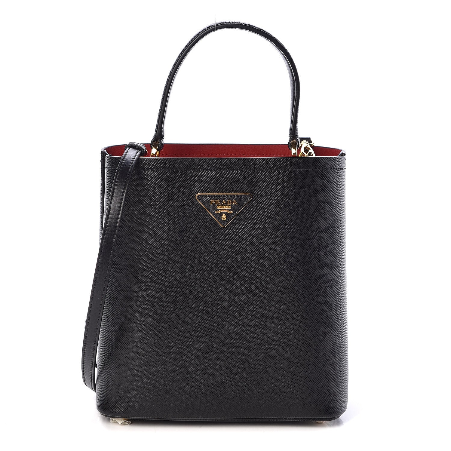 Prada Saffiano Cuir Medium Panier Bucket Bag Black Fuoco 1 of 9
