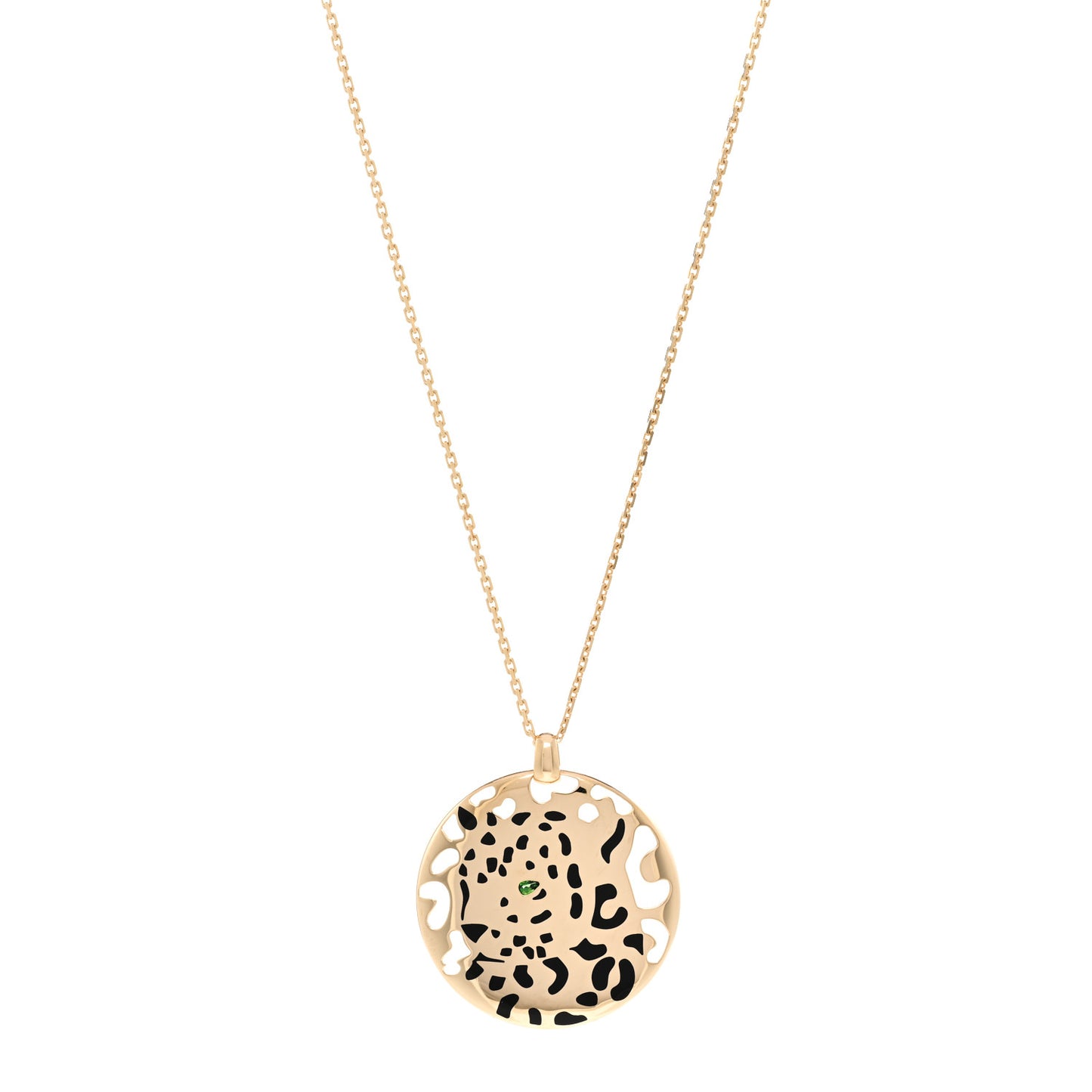 18K Yellow Gold Tsavorite Black Lacquer Panthere De Cartier Round Pendant Necklace