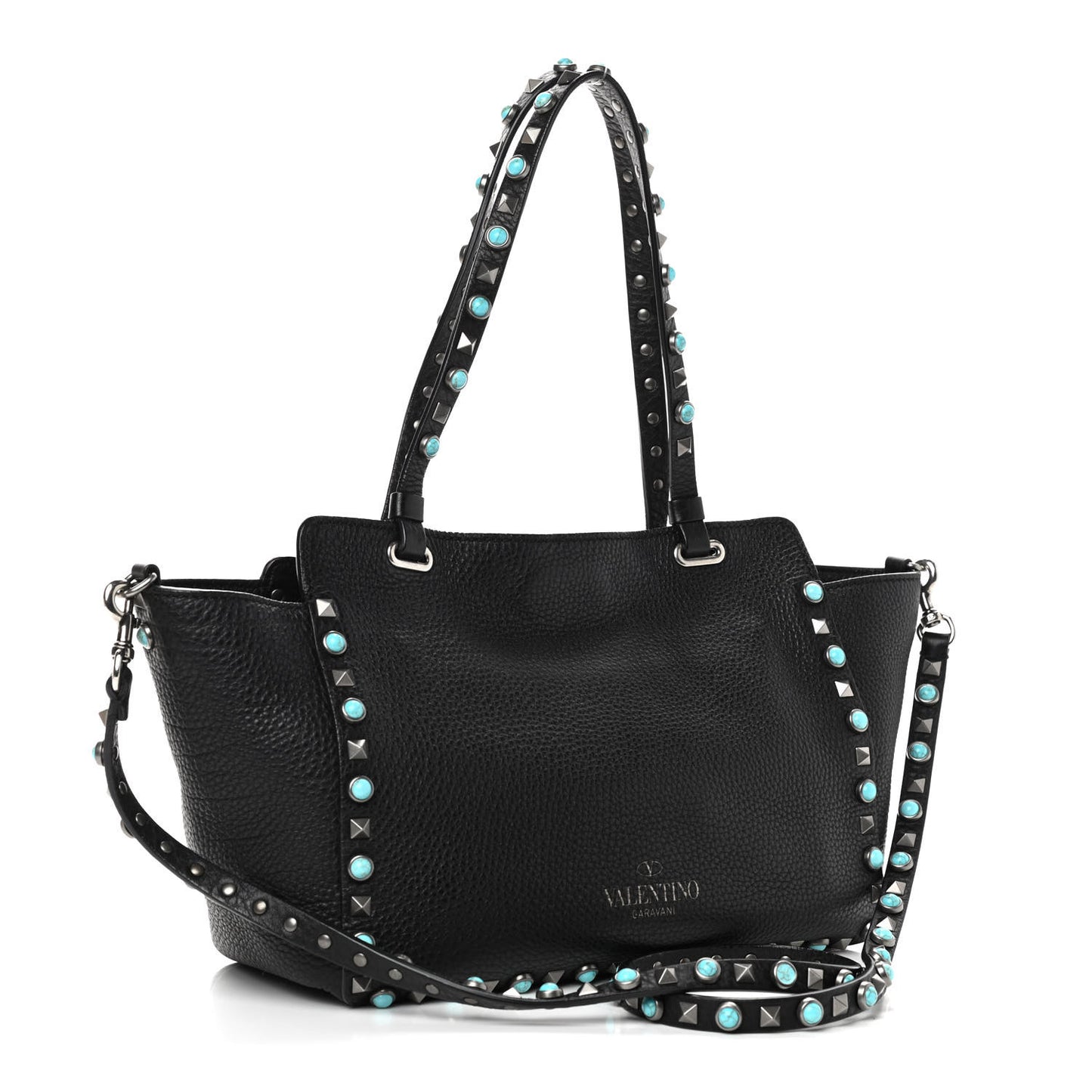 Grained Calfskin Turquoise Small Rockstud Rolling Tote Black