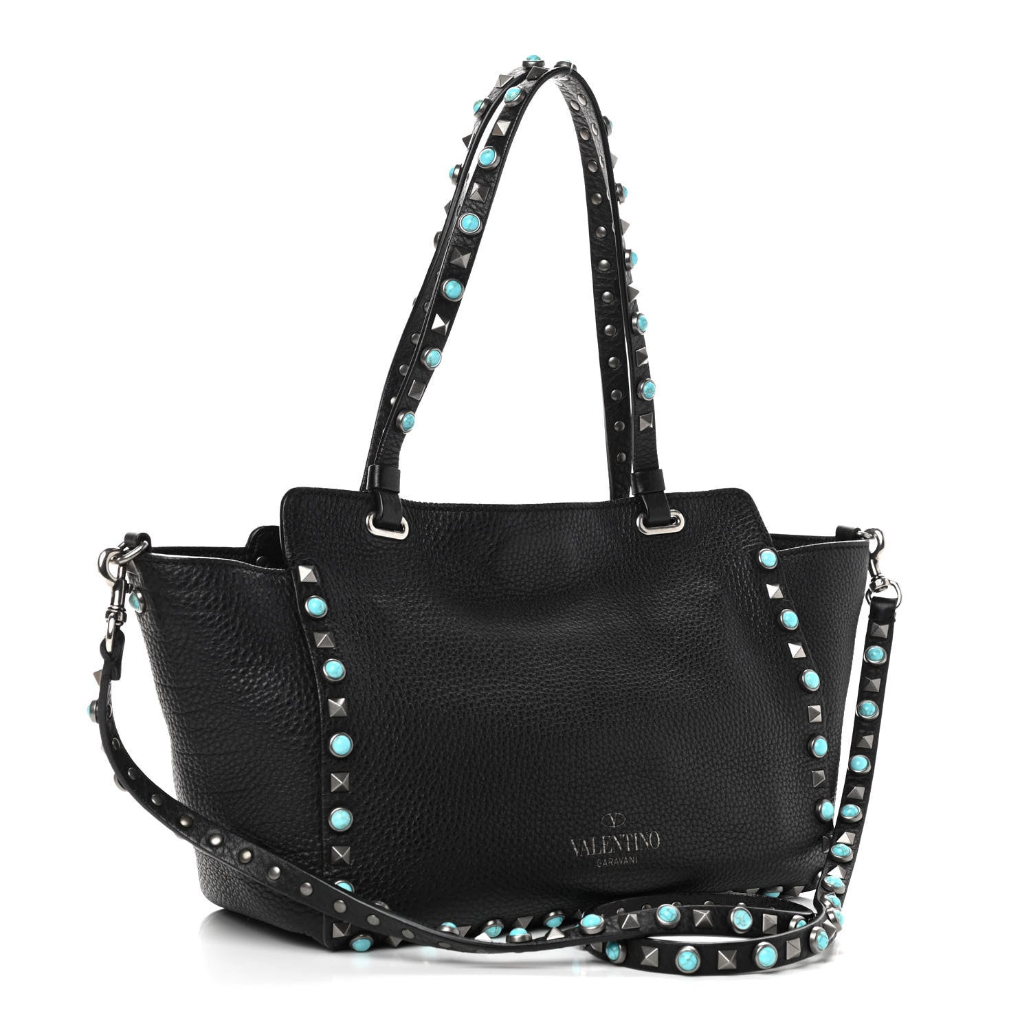 Valentino Garavani Grained Calfskin Turquoise Small Rockstud Rolling Tote Black 3 of 9