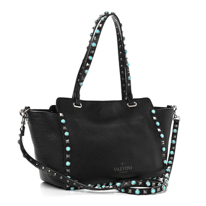Valentino Garavani Grained Calfskin Turquoise Small Rockstud Rolling Tote Black 3 of 9