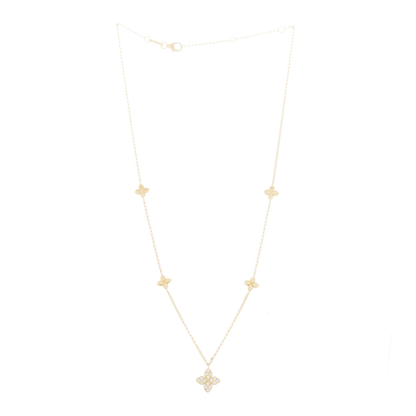 18K Yellow Gold Diamond Princess Flower Charm Station Necklace