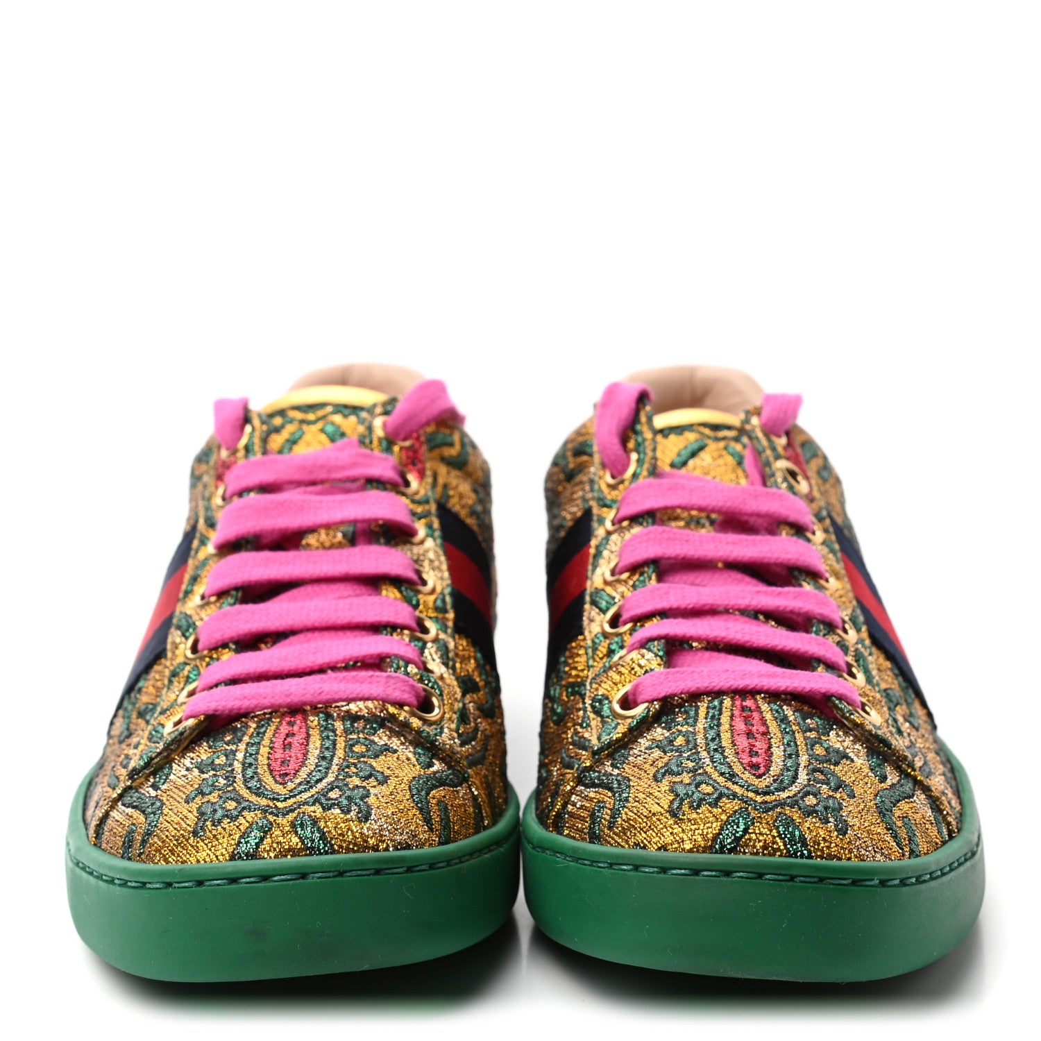 Gucci Jacquard Web Embroidered Womens New Ace Sneakers 35 Gold Green 2 of 9