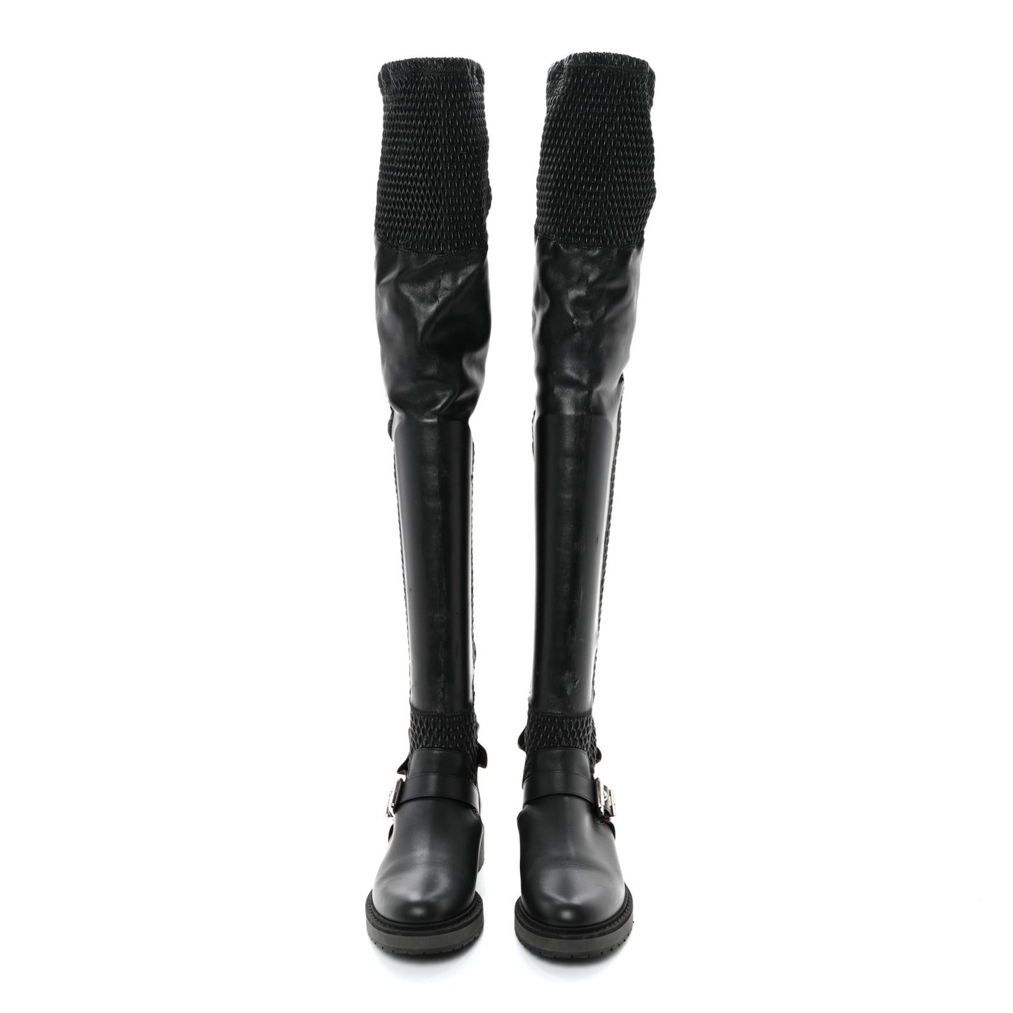Calfskin Stretch Fabric Wave Over The Knee Boots 36 Black