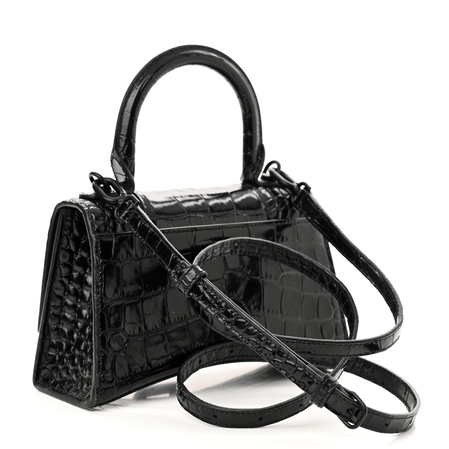 Shiny Calfskin Monochrome Crocodile Embossed Hourglass Top Handle Bag XS Black