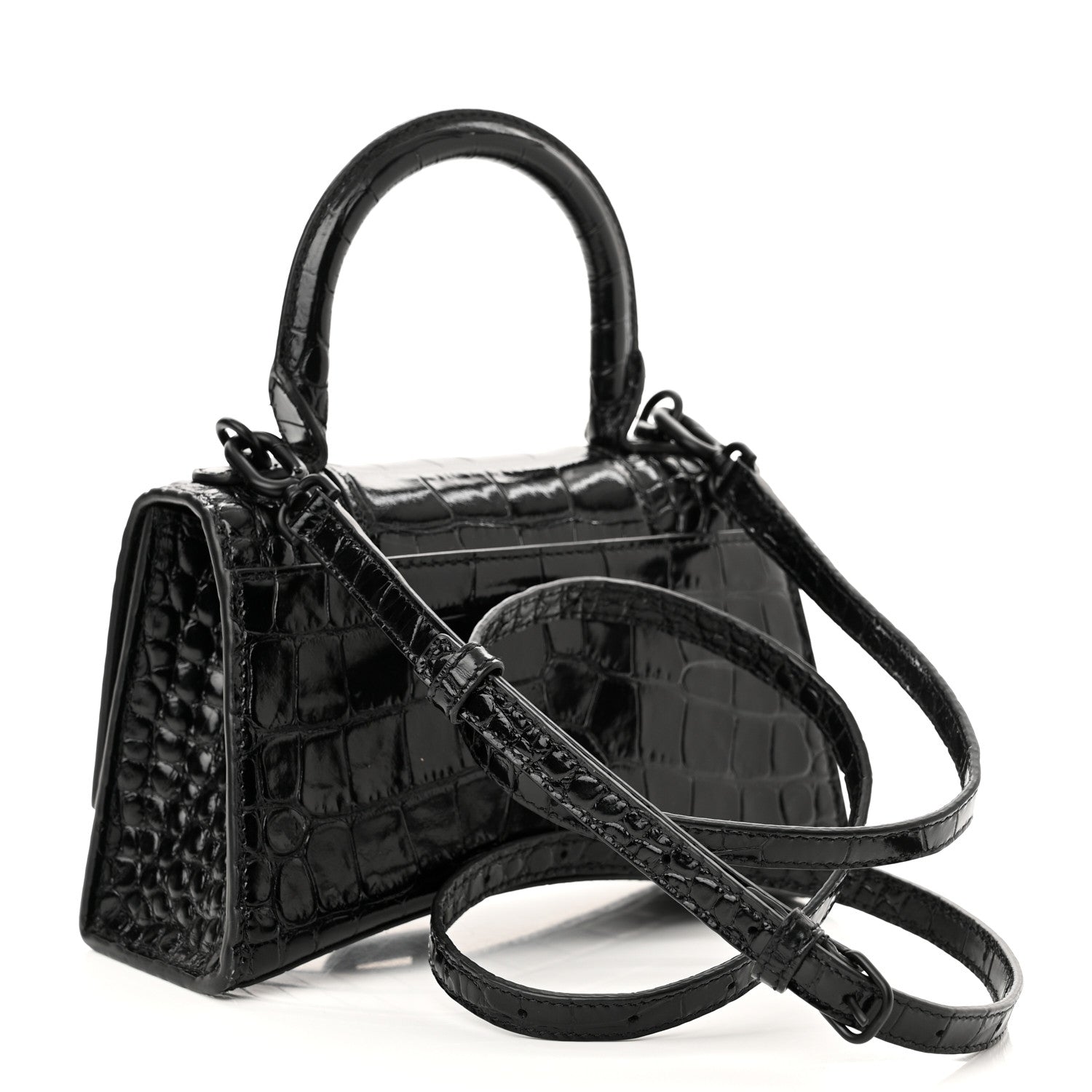 Balenciaga Shiny Calfskin Monochrome Crocodile Embossed Hourglass Top Handle Bag XS Black 3 of 10