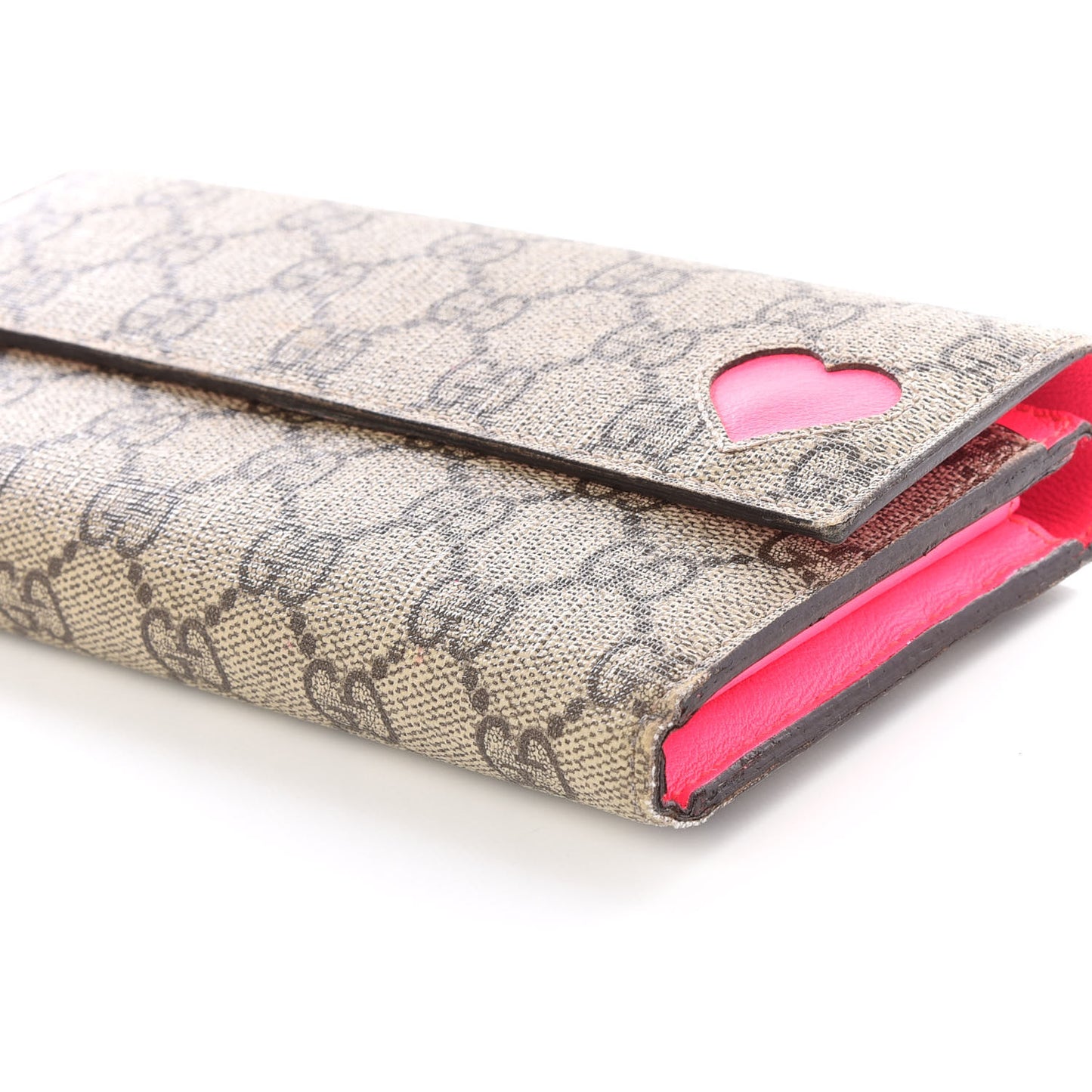 GG Supreme Monogram Continental Heart Wallet Fluorescent Fuchsia