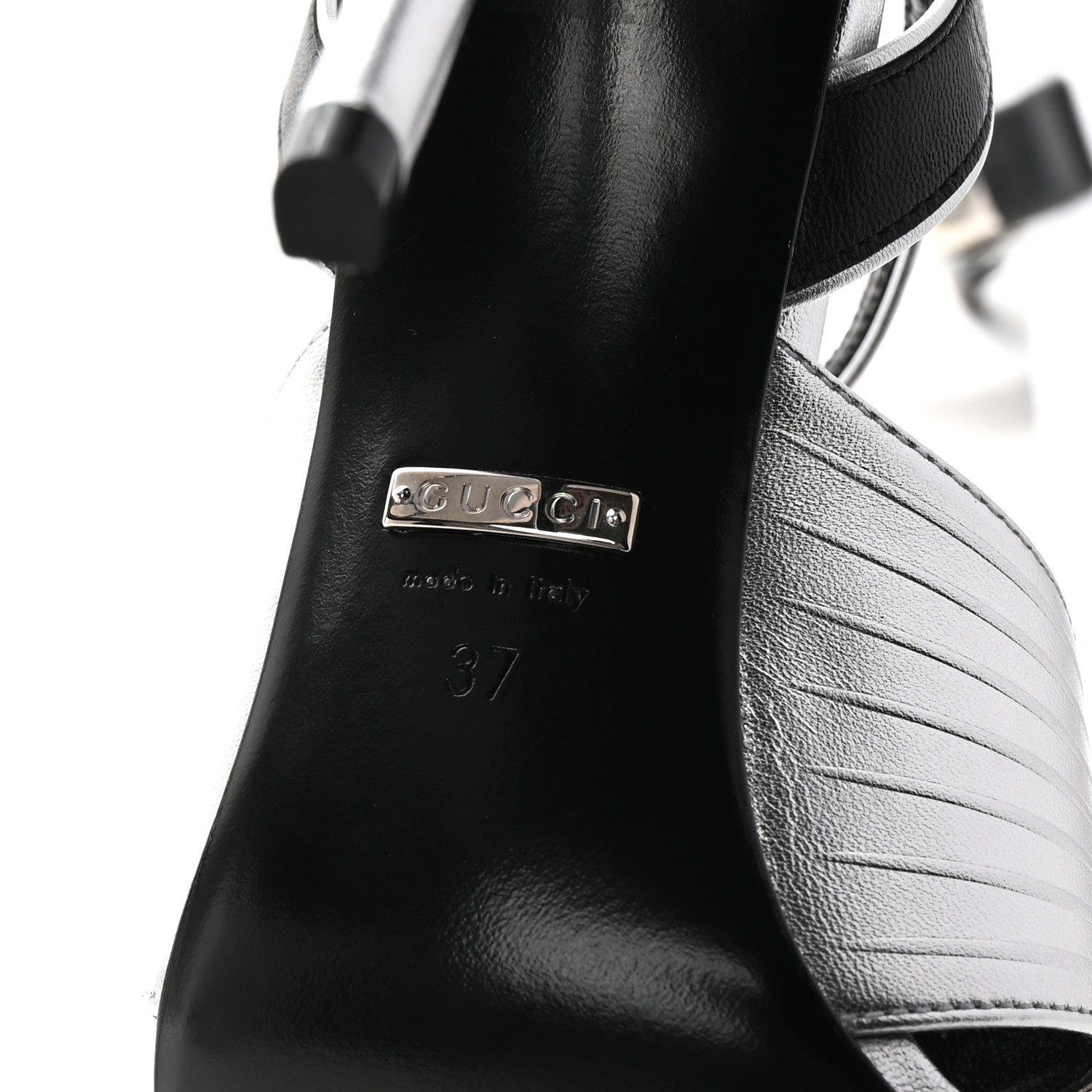 Gucci Malaga Kid Webby Crossover High Heel Sandals 37 Silver 7 of 10