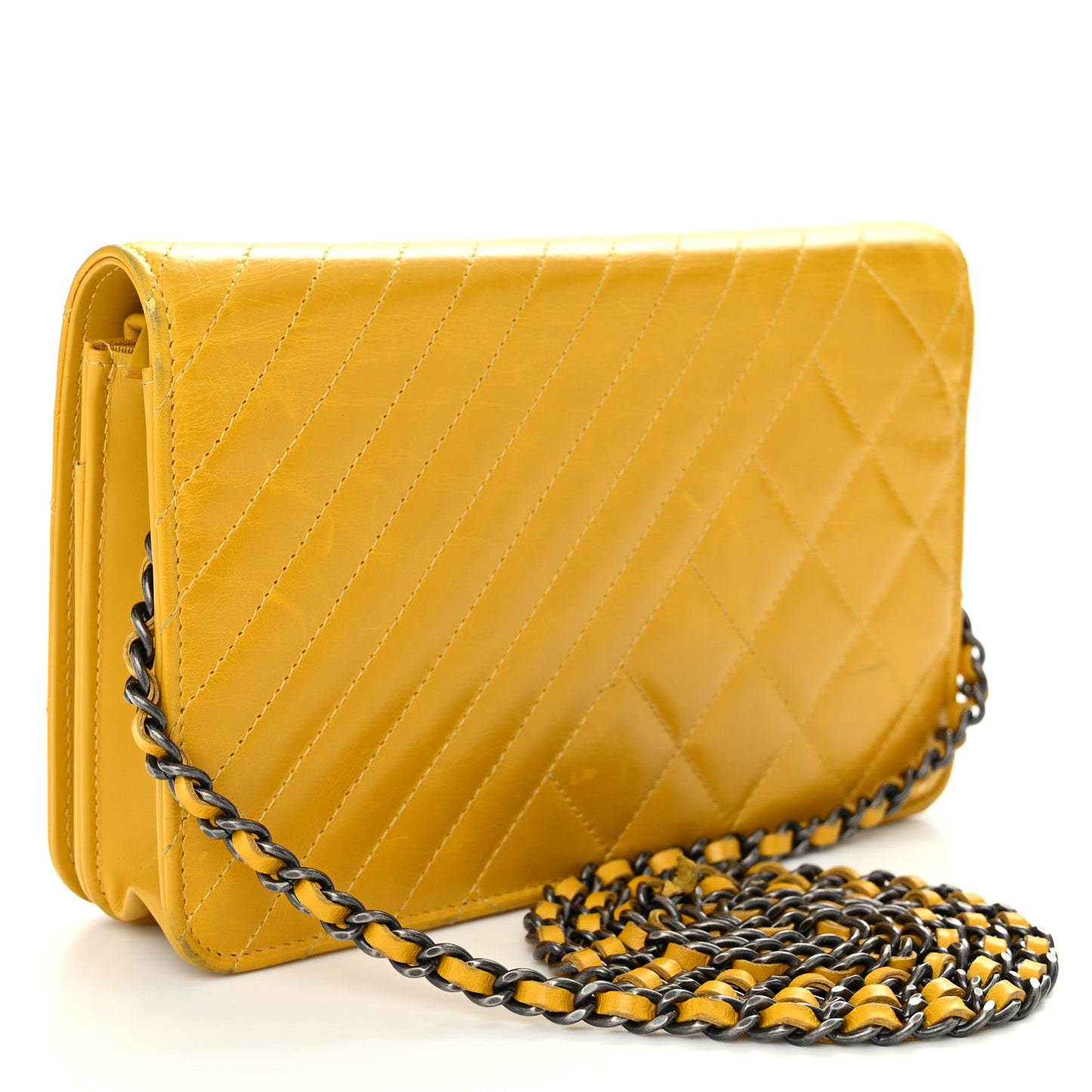 Glazed Calfskin Quilted Coco Boy Wallet On Chain WOC Dark Yellow