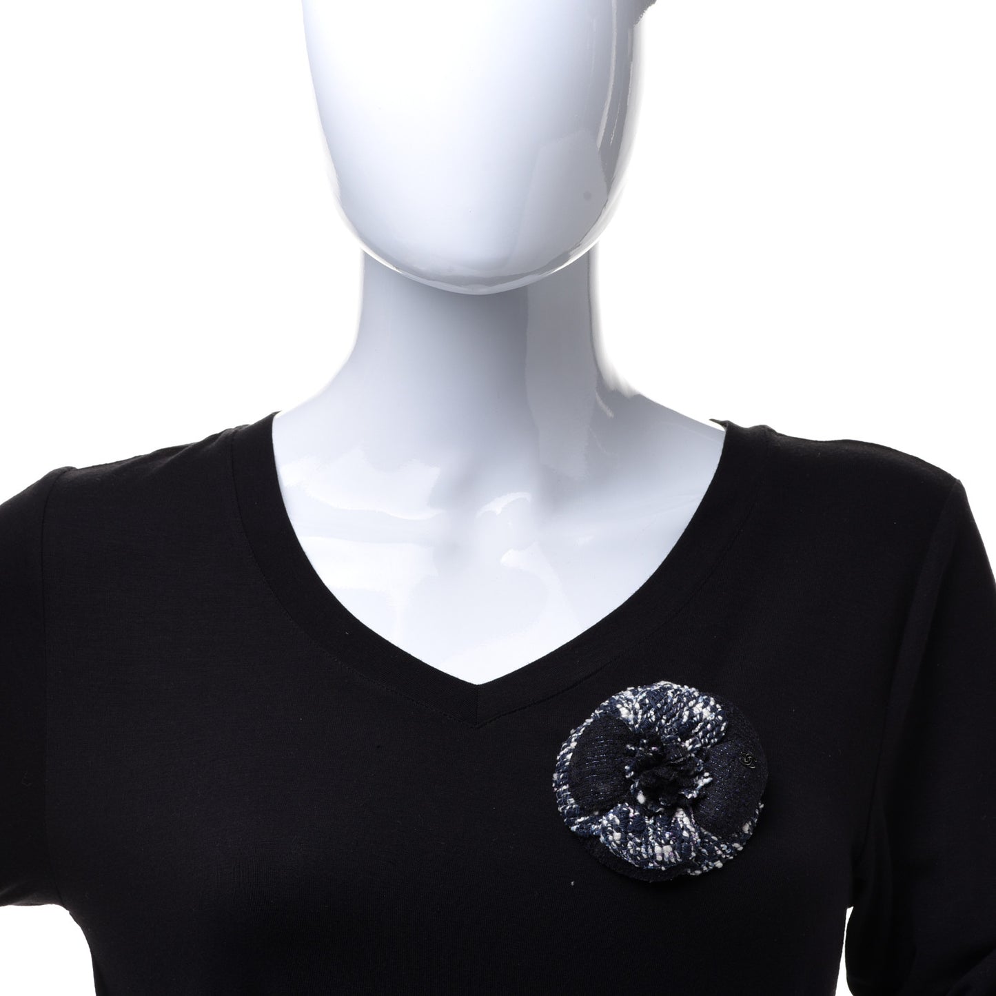 Tweed Camellia Pin Brooch Navy Blue White