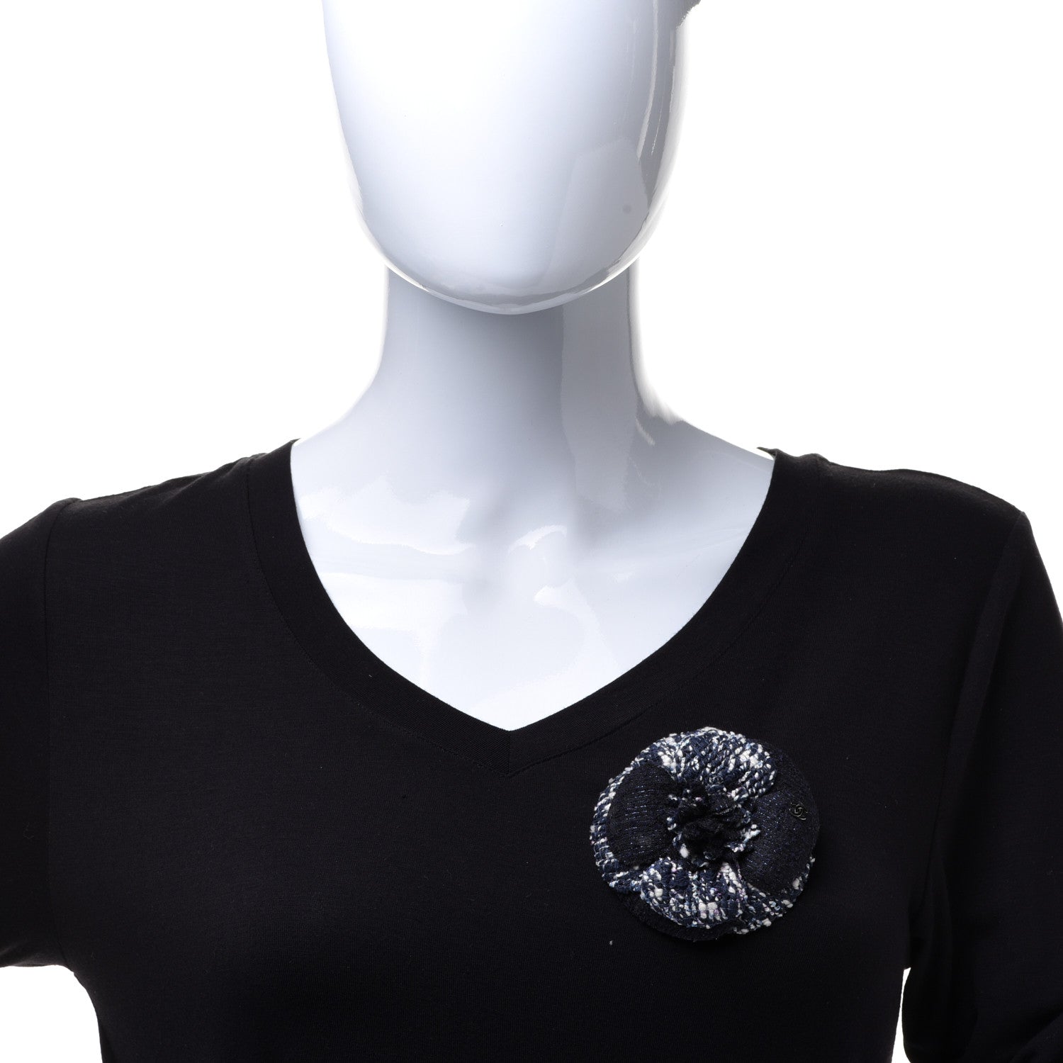 Chanel Tweed Camellia Pin Brooch Navy Blue White 2 of 4