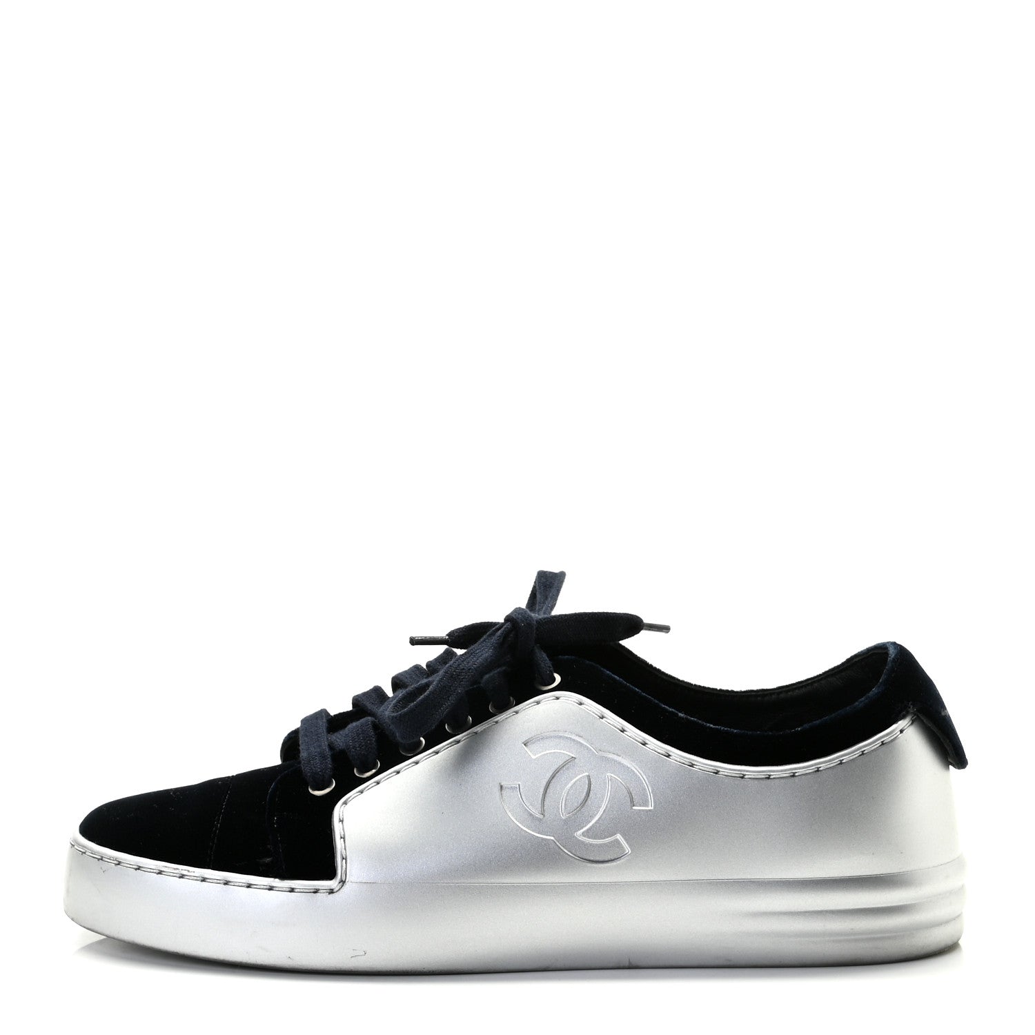 Chanel Calfskin Velvet Womens CC Sneakers 37.5 Navy 1 of 13