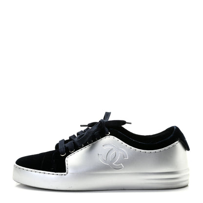 Chanel Calfskin Velvet Womens CC Sneakers 37.5 Navy 1 of 13