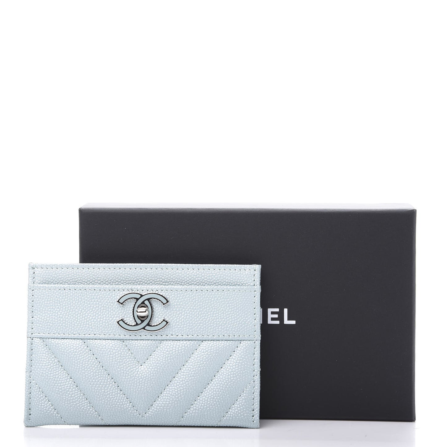 Metallic Caviar Chevron Quilted Vintage Mademoiselle Card Holder Light Blue