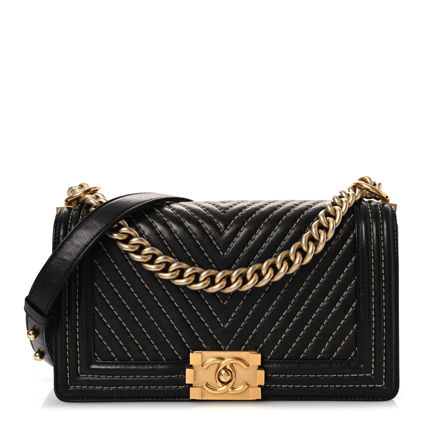 Lambskin Chevron Chain Stitched Medium Boy Flap Black