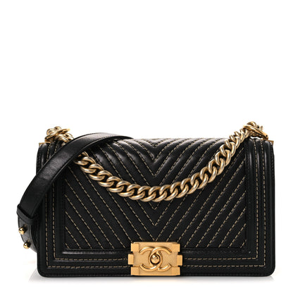 Chanel Lambskin Chevron Chain Stitched Medium Boy Flap Black 1 of 13