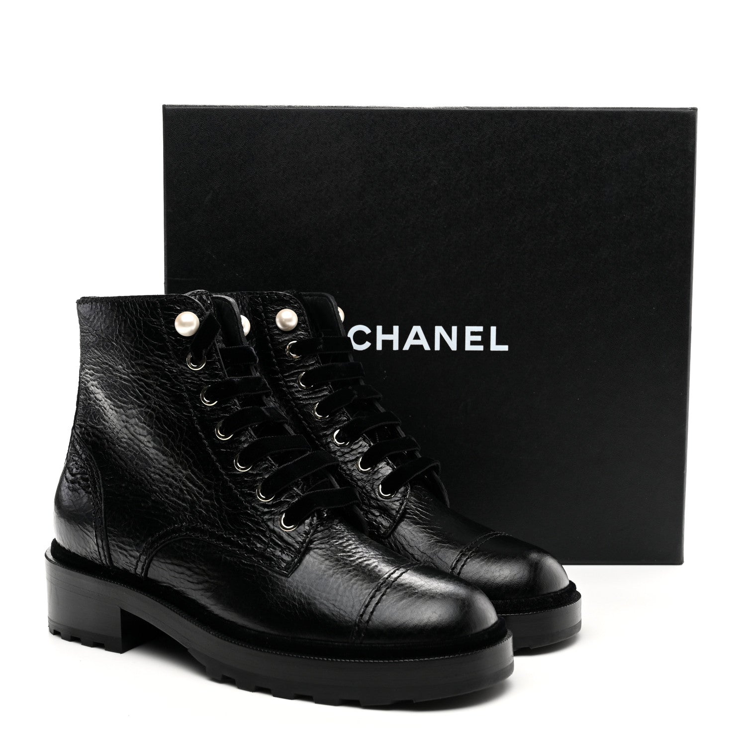 Chanel Shiny Calfskin Velvet Pearl Combat Short Boots 37.5 Black 10 of 10